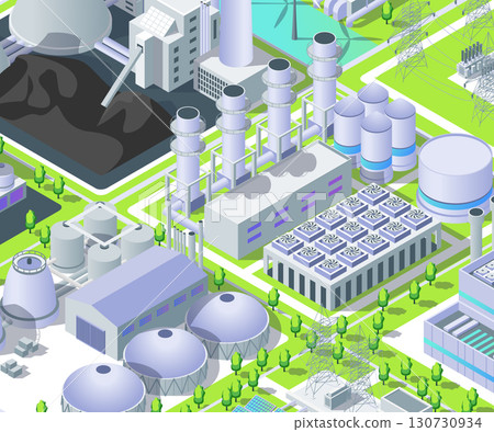 Cartoon Color Industrial Energy Building with Gas Thermal Power Plant Object Card Background 3d Isometric View. Vector illustration 130730934