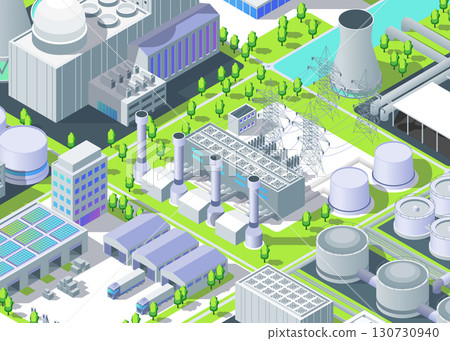 Cartoon Color Industrial Energy Building with Geothermal Power Plant Object Card Background 3d Isometric View. Vector illustration 130730940