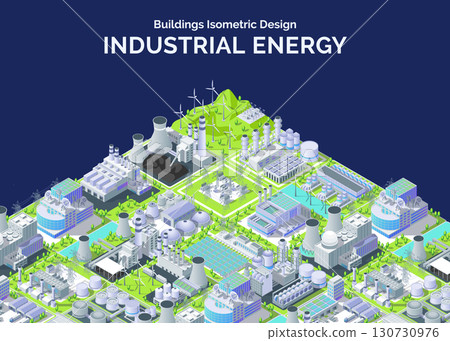 Cartoon Color Industrial Energy Building Card Background 3d Isometric View. Vector illustration of Project Innovation of Power Plant and Substation 130730976