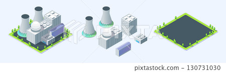Cartoon Nuclear Power Plant Object with Separate Set Industrial Energy Building Concept 3d Isometric. Vector illustration 130731030