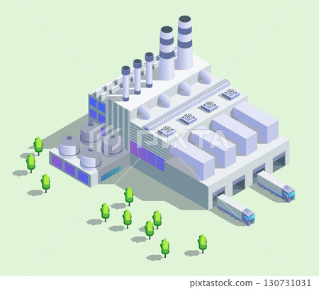 Cartoon Color Garbage Power Plant with Green Trees Isolated Industrial Energy Building Concept 3d Isometric View. Vector illustration 130731031