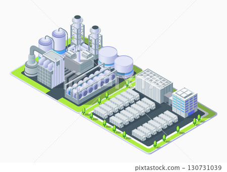 Cartoon Color Powerwall and Petrochemical Plant Industrial Energy Building Concept 3d Isometric View. Vector illustration of Power Wall 130731039