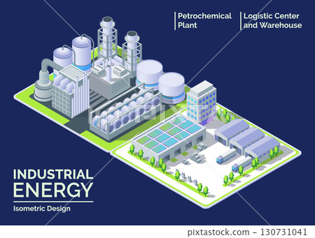 Cartoon Color Petrochemical Plant, Logistic Center and Warehouse Industrial Energy Building Concept 3d Isometric View. Vector illustration 130731041