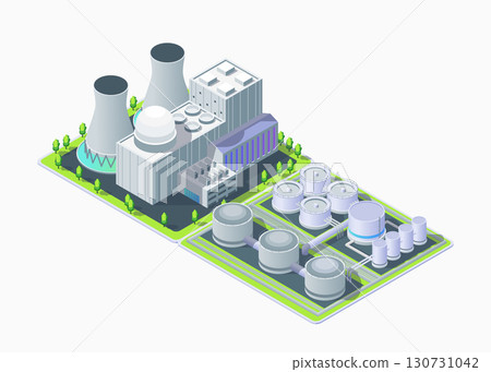 Cartoon Color Tank Farm and Nuclear Power Plant Object Industrial Energy Building Concept 3d Isometric View. Vector illustration 130731042