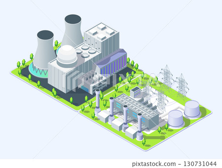 Cartoon Color Nuclear Power Plant and Geothermal Power Plant Industrial Energy Building Concept 3d Isometric View. Vector illustration 130731044