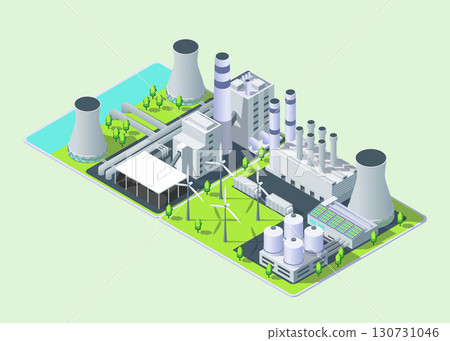 Cartoon Color Combined Energy Sources Power Plant and Thermal Power Plant Industrial Energy Building Concept 3d Isometric View. Vector illustration 130731046