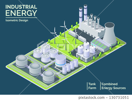 Cartoon Color Combined Energy Sources Power Plant and Tank Farm Industrial Energy Building Concept 3d Isometric View. Vector illustration 130731051