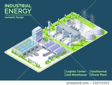 Cartoon Color Geothermal Power Plant, Logistic Center and Warehouse Industrial Energy Building Concept 3d Isometric View. Vector illustration 130731055