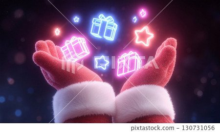 Santa Claus holds magical glowing gifts and stars in a festive winter wonderland atmosphere 130731056