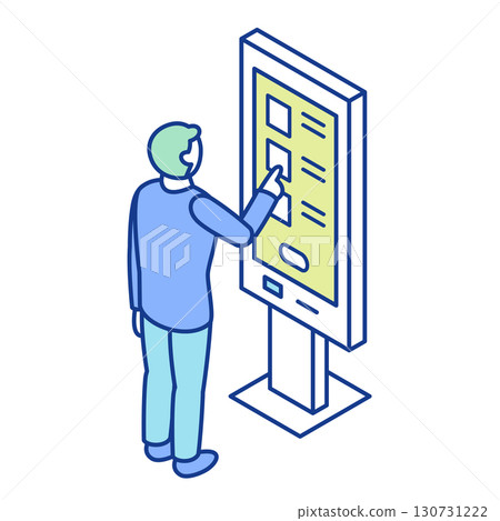 Isometric image of a person standing in front of a large display digital signage enclosure and operating a touch panel 130731222