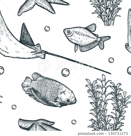 Seamless sea pattern with fish, manta ray, seaweed, starfish, bubbles. Hand drawn vector illustration 130731273