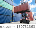 Crane lifting handling up with container box at dockyard, Container loading cargo freight in import and export business logistic industry. 130731363