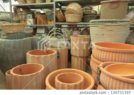 Terracotta pots in shop of Europe, Italy. Gardening and hobby. Nature and plants. 130731397