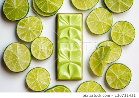 Delightful Chocolate Bar Surrounded by Fresh Lime Slices on a Crisp White Backdrop Generative AI Delightful Chocolate Bar Surrounded by Fresh Lime Slices on a Crisp White Backdrop Generative AI 130731431