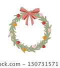 Christmas Holiday Wreath with Greenery and Pink Bow, Festive Seasonal Decoration Illustration 130731571