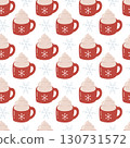 Seamless Christmas Pattern with Hot Cocoa Mug and Snowflakes, Cute Winter Holiday Illustration 130731572