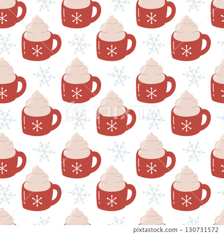 Seamless Christmas Pattern with Hot Cocoa Mug and Snowflakes, Cute Winter Holiday Illustration 130731572