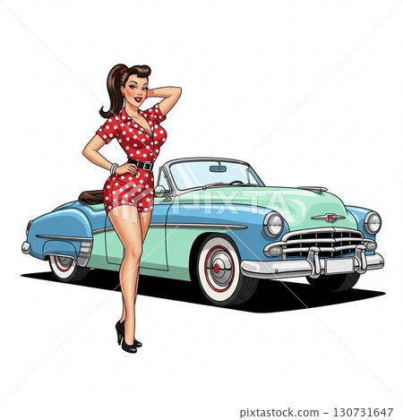美國古董車和經典車以及海報女郎：一輛淺藍色的美國車和一位穿著紅色衣服的女人 130731647