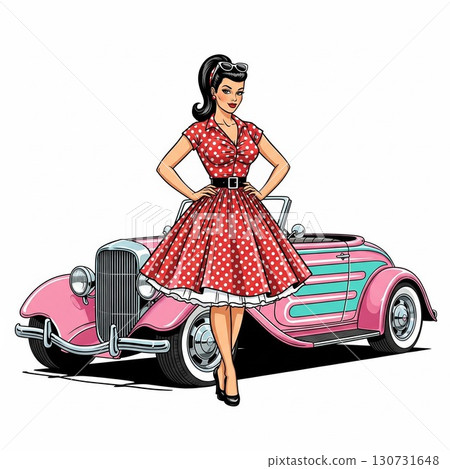 American vintage and classic cars and pin-up girls: Pink American car and a woman in red clothes 130731648