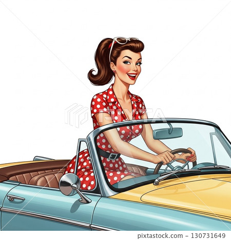 American vintage and classic cars and pin-up girls: A light blue American car and a woman in red clothes 130731649
