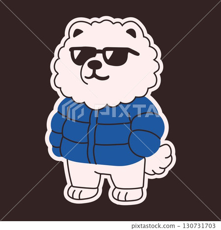 Cool Fluffy Dog in Blue Puffer Jacket and Sunglasses 130731703
