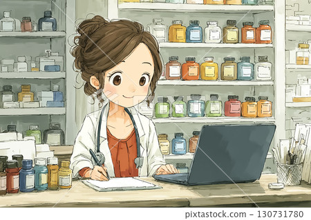 Miyu Series: Miyu uses a computer to check stock at the refrigerated pharmaceutical warehouse 130731780