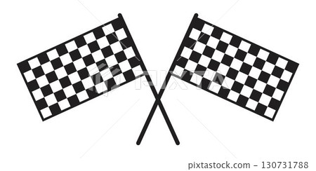 Two crossed race flags. Start or finish sport car competition banners with checkered black and white squares print. Motocross, rally, auto marathon championship pennants. Vector graphic illustration 130731788