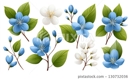 Realistic blue and white flowers with green leaves on white background 130732036