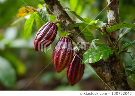 Cacao tree branch showing ripe pods growing in tropical climate Cacao tree branch showing ripe pods growing in tropical climate 130732043