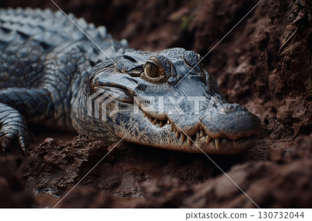 Spectacled caiman resting on river bank in pantanal wetlands Spectacled caiman resting on river bank in pantanal wetlands 130732044