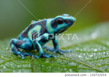 Green and blue poison dart frog sitting on a leaf covered with dew drops 130732054