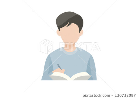 Watercolor illustration of a man studying and writing in a notebook. PNG cutout. 130732097