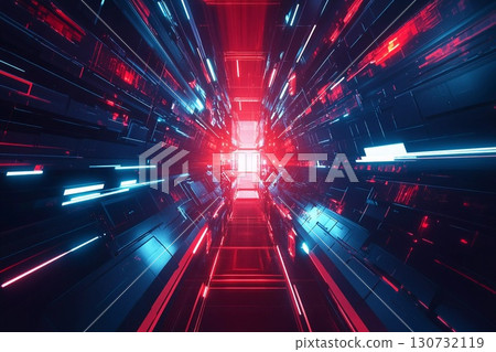 Dynamic Interplay of Red and Blue Geometric Patterns in a Futuristic Landscape Generative AI 130732119
