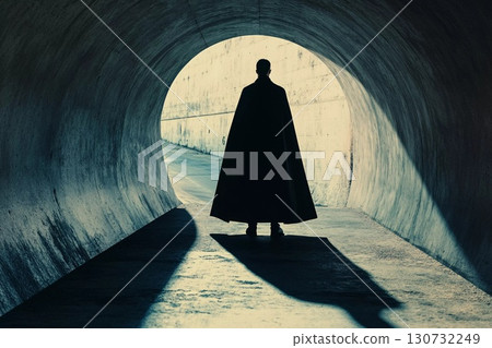 Lonely Figure Draped in Shadows Walks Through a Mysterious Tunnel at Dusk Generative AI 130732249
