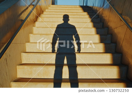 Beneath the Glow, a Shadow Looms Large on the Stairway at Sunset Generative AI 130732250