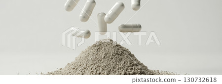 White Capsules Suspended Over a Powder Mound, Minimalist Healthcare Concept in Pharmacy Setting 130732618