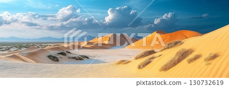 Stunning Landscape Panorama of Golden Desert Sand Dunes Under Clear Blue Skies and Fluffy Clouds 130732619