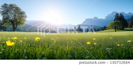 Breathtaking Scenic View of a Lush Green Meadow Filled with Colorful Wildflowers Under a Vibrant Sky Breathtaking Scenic View of a Lush Green Meadow Filled with Colorful Wildflowers Under a Vibrant Sky 130732684