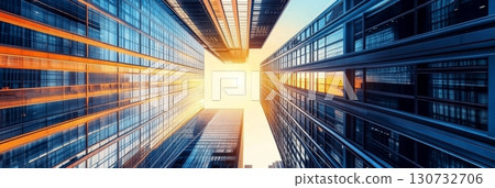 Skyward Gaze A Stunning Modern Cityscape Captured in Bright Sunshine and Reflective Architecture. 130732706