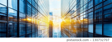 Captivating Urban Landscape Sunlight Dancing on Glass Faades of Skyscrapers at Golden Hour Captivating Urban Landscape Sunlight Dancing on Glass Faades of Skyscrapers at Golden Hour 130732707