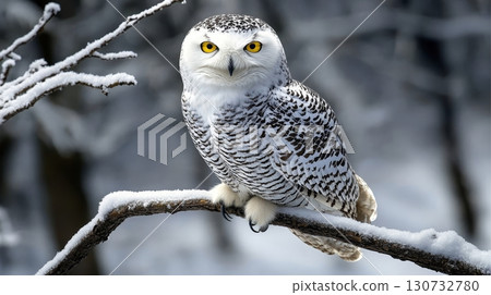 Graceful Snowy Owl Perched Majestically on a Snow-Covered Branch in a Tranquil Winter Forest Scene 130732780