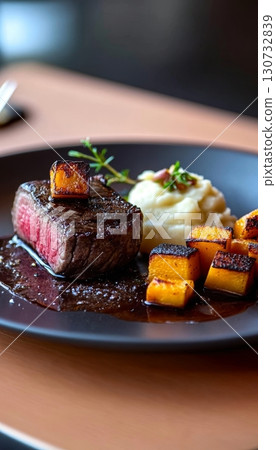 Exquisite Fillet Mignon Steak Served with Creamy Mashed Potatoes and Roasted Butternut Squash 130732839