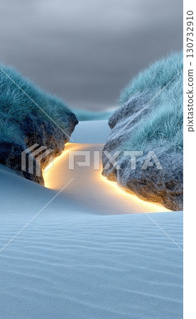 Serene Landscape Abstract River of Light Flowing Between Beautiful Blue and Orange Sand Dunes 130732910