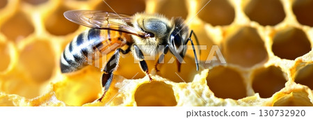Close-up of a Honeybee Collecting Nectar on Honeycomb with Detailed Hexagon Pattern and Golden Cells 130732920