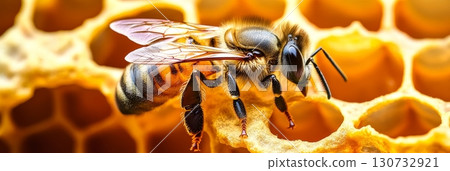 Macro Image of a Bee on Honeycomb Captivating Closeup of Apiculture and Beekeeping Themes 130732921