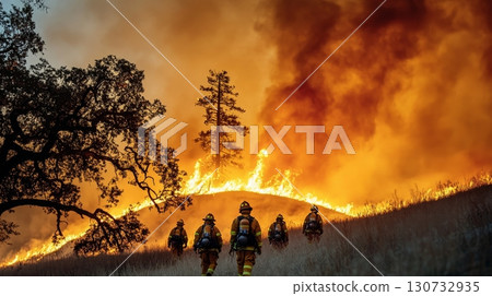 Brave firefighters battling intense wildfires across hilly landscapes, risking health and safety. 130732935