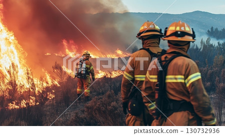 Brave Firefighters Courageously Battling a Blazing Inferno to Protect Lives and Property in Crisis Brave Firefighters Courageously Battling a Blazing Inferno to Protect Lives and Property in Crisis 130732936