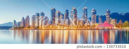 Vancouver Skyline at Dusk Stunning Reflections on Water with City Lights and Clear Sky in BC 130733010