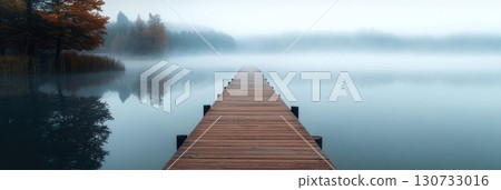 Serene Pier Overlooking a Calm Lake at Dusk, Embracing Solitude Amidst Nature s Tranquility 130733016
