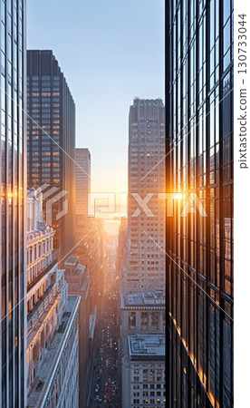 Vibrant Urban Landscape at Sunrise Skyscraper Silhouettes, City Streets, and Sunlight Reflections 130733044